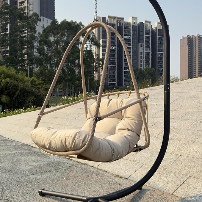 Foldable Rattan Egg Hanging Chair with Stand for Indoor and Outdoor Relaxation Featuring Removable Safety Rail and Convenient Cup Holder with Included Comfort Cushions