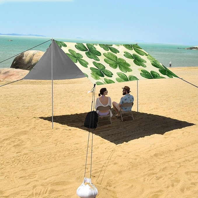 St Patrick Clovers Green Beach Tent Sun Shelter Set UPF50+ UV Protection 10.5 x 9.19 FT Camping Shade Canopy with Sandbags Sand Anchors Carrying Bag and Others