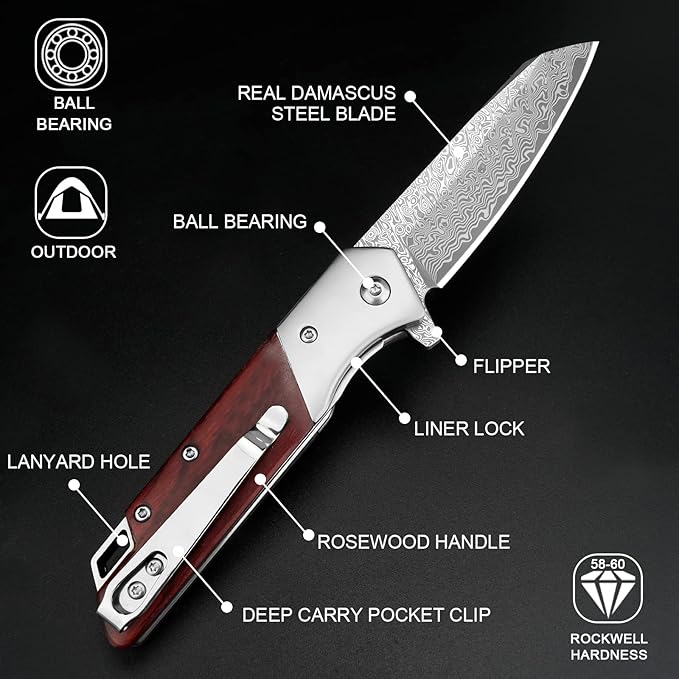 KOMWERO Damascus Pocket Knife with Clip Leather Sheath 3.14 inch Sharp Damascus Steel Knife with Rosewood Handle EDC Damascus Folding Knife for Men Women Camping Collection