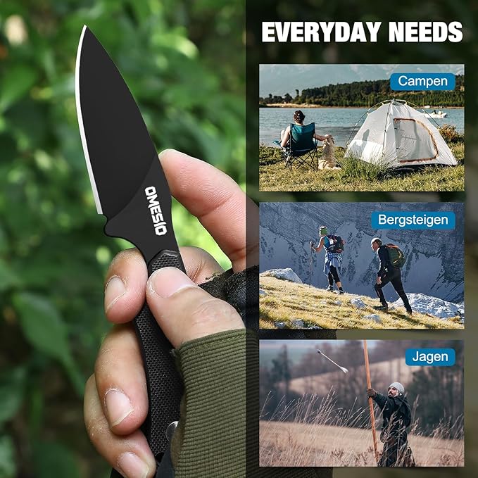 Omesio EDC Fixed Blade Knife 5.82 Neck Knife with Sheath and Necklace D2 Steel 2.99-Inch Blade Small Full Tang Knife with Clip G10 Handle for Fishing Hiking Camping (Black Blade + Black Handle)