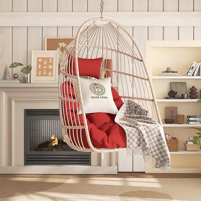 Hanging Egg Chair with Pillow HDPE Rattan Foldable Swing Chair with Aluminum Frame &amp UV Resistant Cushion Hammock Egg Basket Without Stand for Indoor Outdoor 350Lbs Capacity (Red Cushion)