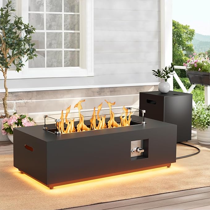SUNPEAK 42 Propane Fire Pit Table with LED Light - 50000 BTU with Wind Guard Lid Rocks and Cover - Propane Fireplace Table - Gas Fire Pits for Patio and Deck (Black/Golden Light 42 LED)