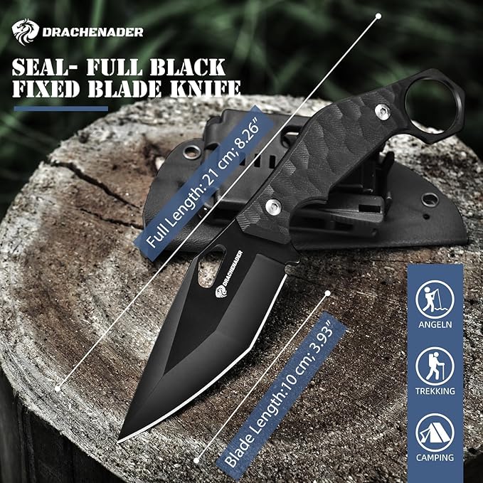 DRACHENADER Survival Knife SEAL-FULL BLACK 9 EDC Fixed Blade Tactical Horizontal Carry Knife for Men with Kydex Sheath 5mm Thick Stainless Steel G10 Anti-Slip Handle Ideal for Gifting Full Black