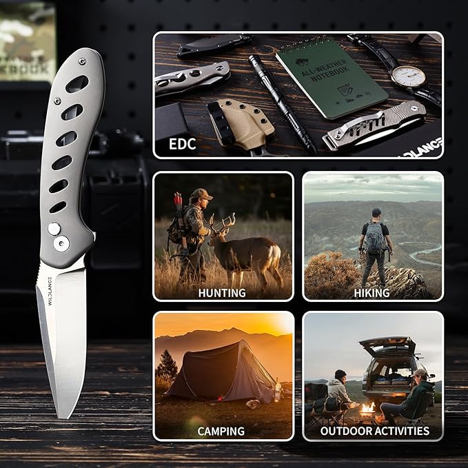 Small EDC Pocket Knife for Men &amp Women - 3 Drop Point D2 Blade Titanium Handle with Button Lock &amp Pocket Clip | Small Slim Cool Folding Knife for Daily Carry Camping Hiking &amp Outdoor Us