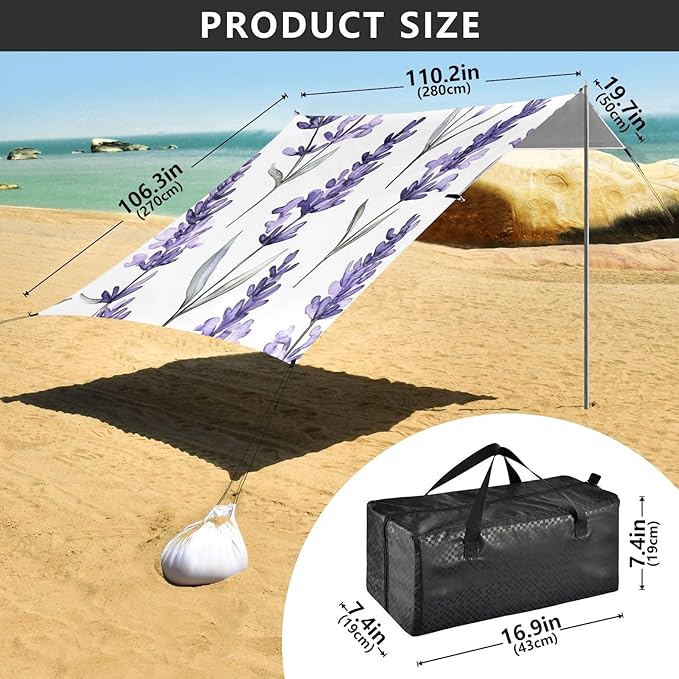 ALAZA Watercolor Seamless Pattern with Lavander Beach Tent Sun Shelter Portable Canopy Sunshade for Outdoor Camping Picnics Backyard Fun 10x9 ft