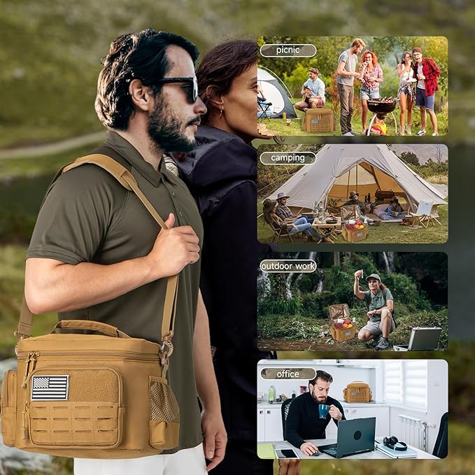 QT&ampQY Tactical Lunch Bag for mens Military heavy duty lunch box work Leakproof insulated Durable Thermal Cooler Bag for Adult Meal for Office Camping Picnic Pail MOLLE Webbing Khaki