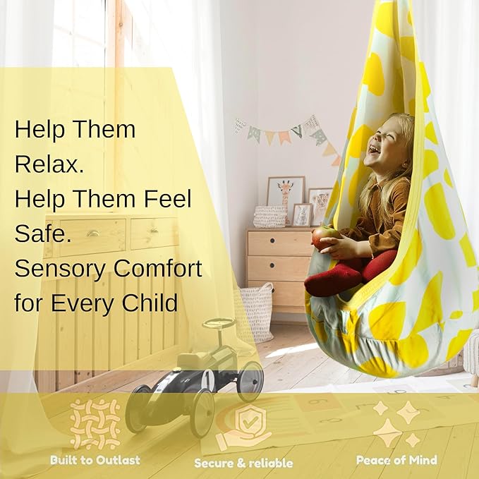 Calming Sensory Swing — Indoor Sensory Hammock for Kids &amp Adults Supports up to 170 lb (77 kg) Double-Layer Canvas Fabric Hanging Hardware Included White-Yellow