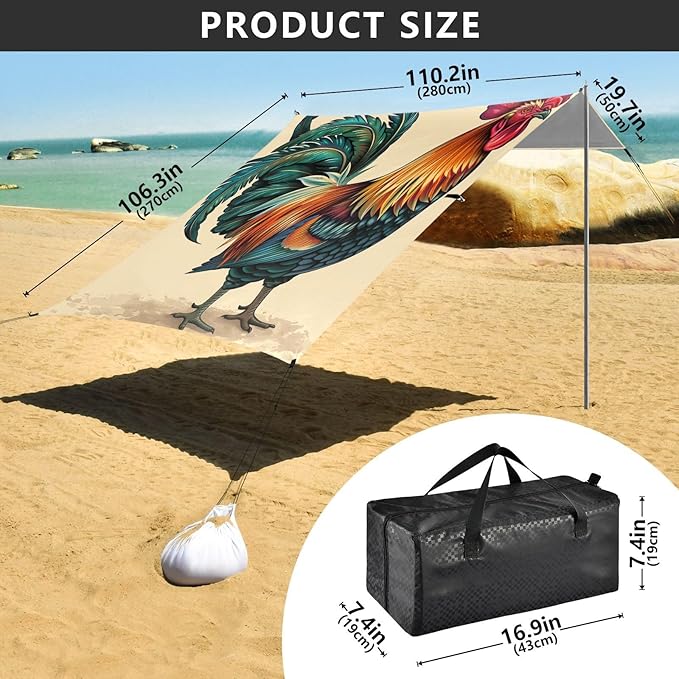 ALAZA Art Painting Rooster Beach Tent Sun Shelter Portable Canopy Sunshade for Outdoor Camping Picnics Backyard Fun 10x9 ft