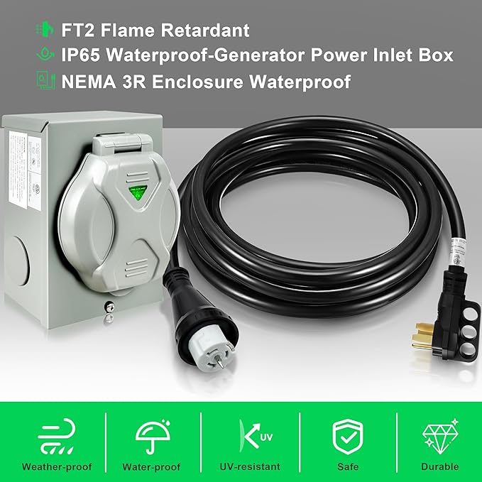 50 Amp Generator Cord and Inlet Box Kit - 50FT ETL Certified Twist Lock NEMA 14-50P to SS2-50R Pre-Drilled for Easy Installation STW 6/3+8/1 AWG for 125V/250V