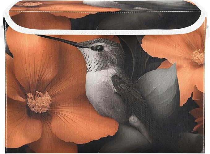 Storage Cube with Lid Hummingbird Flowe Print 16.5×12.6×11.8 IN Collapsible Large Capacity Foldable Storage Basket Bin Organizer
