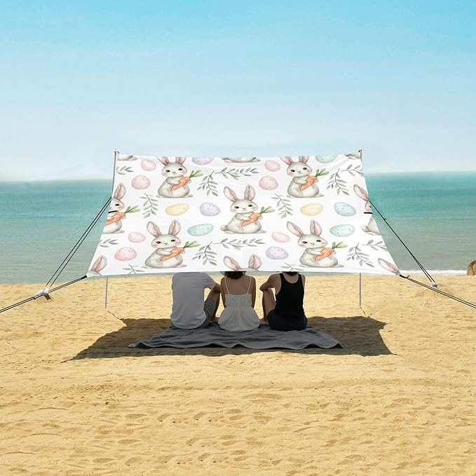 xigua Easter Bunny Beach Tent Sun Shelter with Carrying Bag - Silver Coated Oxford Fabric Beach Canopy for Beach Camping Fishing - Includes Windproof Ropes Sandbags &amp Stakes