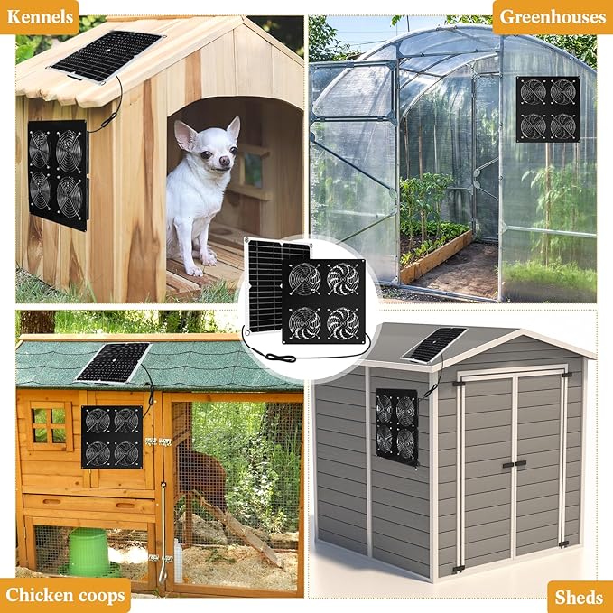Rossesay 2 Set Solar Panel Fan Kit with 4 Fans 12w USB Weatherproof Solar Exhaust Fan Outdoor Solar Greenhouse Fan Portable Chicken Coop Fan Metal Shell for Sheds Attic Pet Houses Window Exhaust