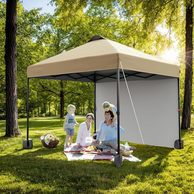 10x10ft Pop Up Canopy Tent with SidewallOutdoor Freestanding Sun Shelter Picnic and CampingInstant Shade Tent with Vented Roof for Beach &amp Events - Includes Storage BagSandbagsStakes&ampRopes