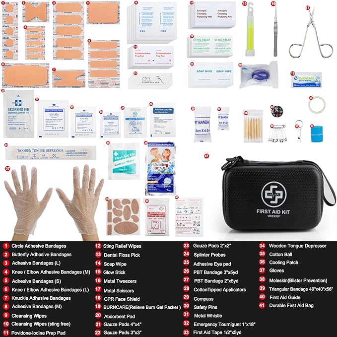 VRIEXSD Premium First Aid Kit 320 Piece Waterproof Hard Shell Eva First Aid Kit for Home Camping Cars Hiking Travel Businesses &amp Outdoor Emergencies - Emergency Medical Kits (Black)