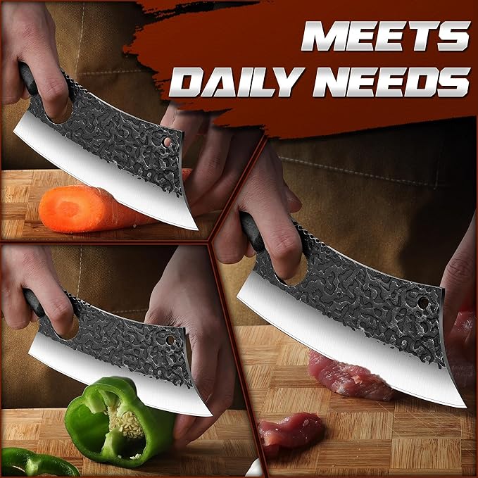ROCOCO Meat Cleaver Butcher Knife - Sharp Full Tang Knife with Sheath for Home Outdoor BBQ Camping Mother Father Gift Idea Men Black 6.3