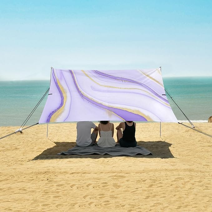 xigua Purple Texture Beach Tent Sun Shelter with Carrying Bag - Silver Coated Oxford Fabric Beach Canopy for Beach Camping Fishing - Includes Windproof Ropes Sandbags &amp Stakes
