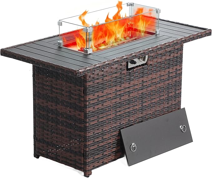 EortheX 44 Inch Propane Fire Pit Steel Gas Fire Feature Table with Iron LidGlass Rock Rain Cover and Tempered Glass Wind Guard for Outside Garden Backyard Deck Patio