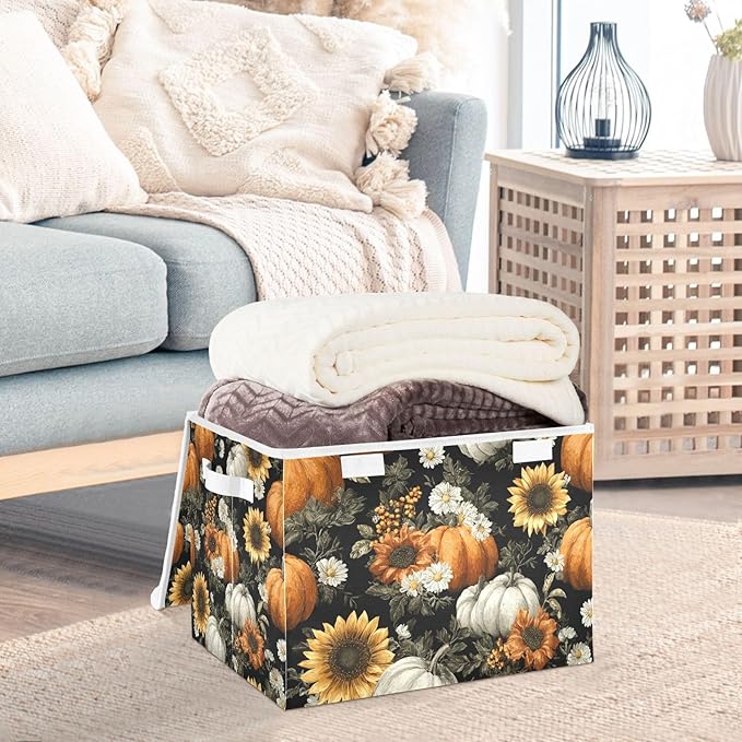 Storage Bins with Lids Storage Containers Box Organizer Bin Basket with Handles for Closet Shelves Clothes Stackable Foldable Decorative Black Pumpkins Sunflowers Daisy