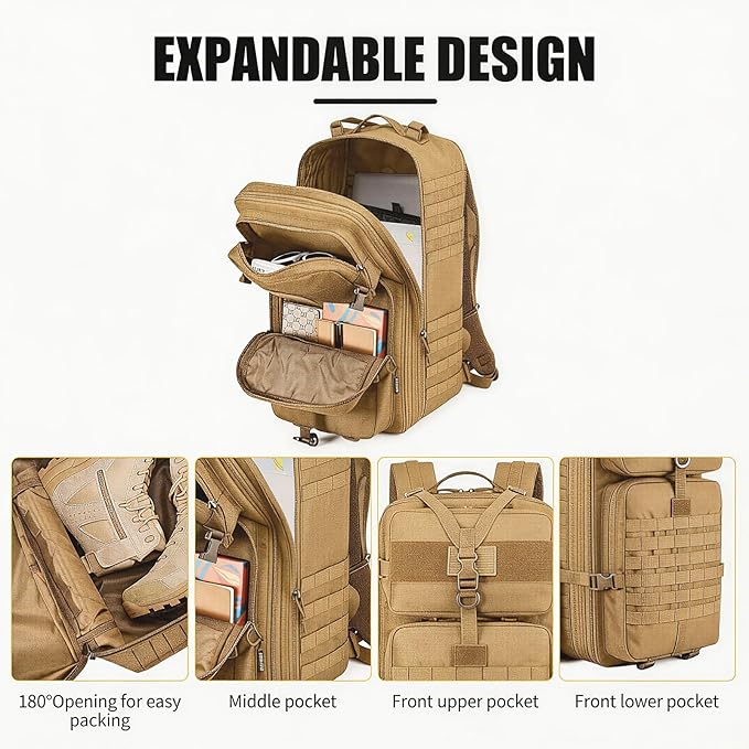 Tactical Backpack for Men 50L/60L/70L Expandable Military tactical Backpack Waterproof MOLLE Hiking &amp Camping Rucksack with Water Bottle Bag Assault Pack &amp Bug Out Bag for Outdoor