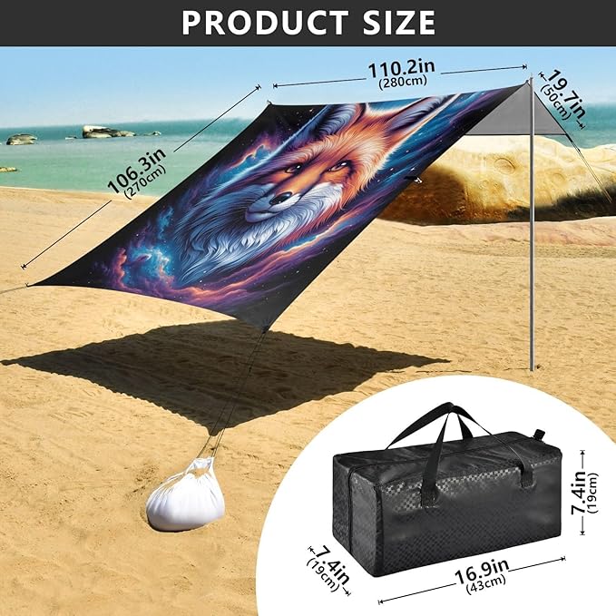 ALAZA Fox Head in Nebula Beach Tent Sun Shelter UPF50+ Protection Beach Shade Canopy w/ 4 Sandbags for Outdoor Camping Fishing Backyard Fun Picnic 10x9 ft