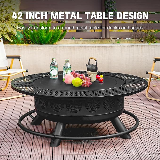 42 Inch BBQ Fire Pit with 2 Grills3-in-1 Outdoor Round Metal Fire Pit Table with LidFire PokerLarge Outdoor Wood Burning Firepits for OutsidePicnicBonfire Backyard Patio(Black)