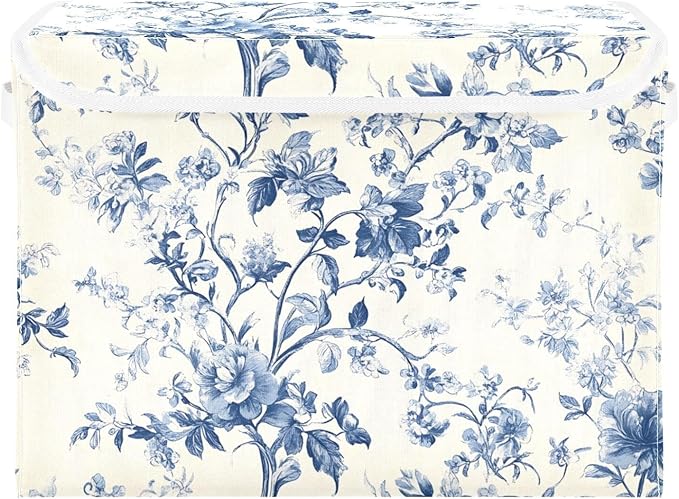 Blue White Flower Pattern Large Storage Bins with Linen Foldable Storage Cubes Fabric Closet Organizer Containers box with Flip-Top Lid for Home Office 16.5 x 12.6 x 11.8 IN