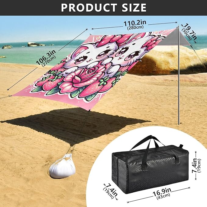 Cats with Pink Bows Beach Tent Sun Shelter Set UPF50+ UV Protection 10.5 x 9.19 FT Camping Shade Canopy with Sandbags Sand Anchors Carrying Bag and Others