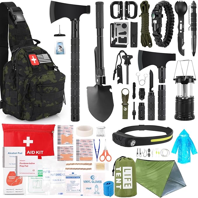 Survival Kit 268 Pcs Emergency Survival Gear and Equipment Supplies with First Aid Kit Camping Axe Headlamp Crossbody Bag for Camping Hiking Hunting Gift for Christmas Men Dads Black Como