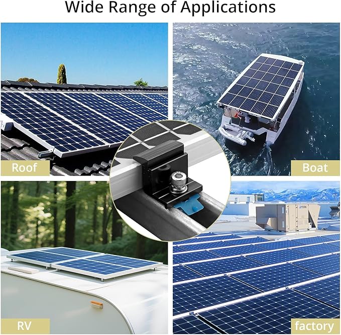Anbte 10pcs Adjustable Solar Panel End Clamp for Unistrut 30-50mm Aluminum Solar Panel Mounting Brackets with Nuts Bolts and Wrench for Metal Roof Tin Roof Flat Roof Sheet Roof RV Black