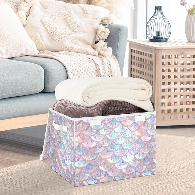 senya Baskets Collapsible Storage Bins with Lids Pastel Sheer Mermaid Scales Storage Boxes Clothes Baskets for Organizing B06D22020