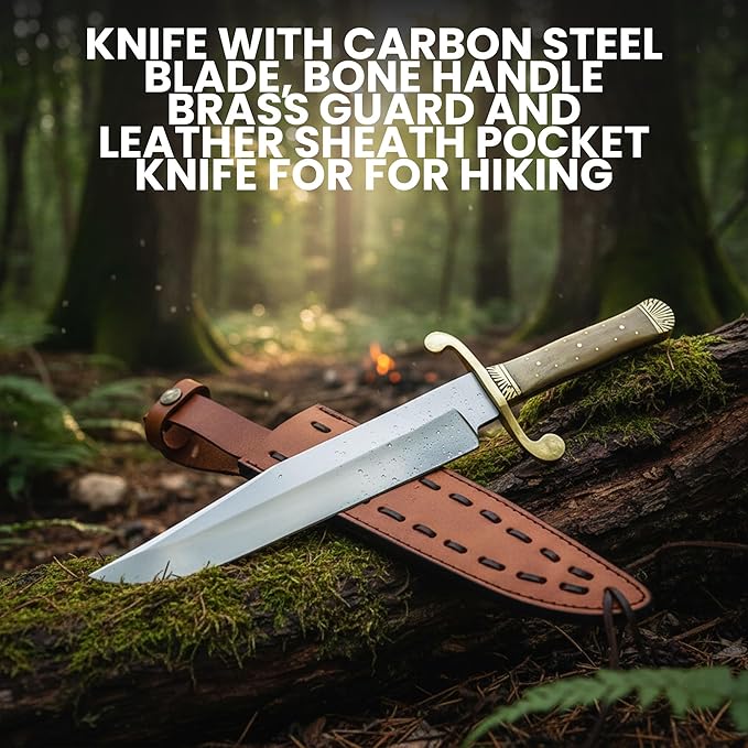 SZCO Classic Bowie Knife 15 Inch - Hunting Knife with Carbon Steel Blade Bone Handle Brass guard and Leather Sheath - Pocket knife for for Hiking Camping &amp Hunting