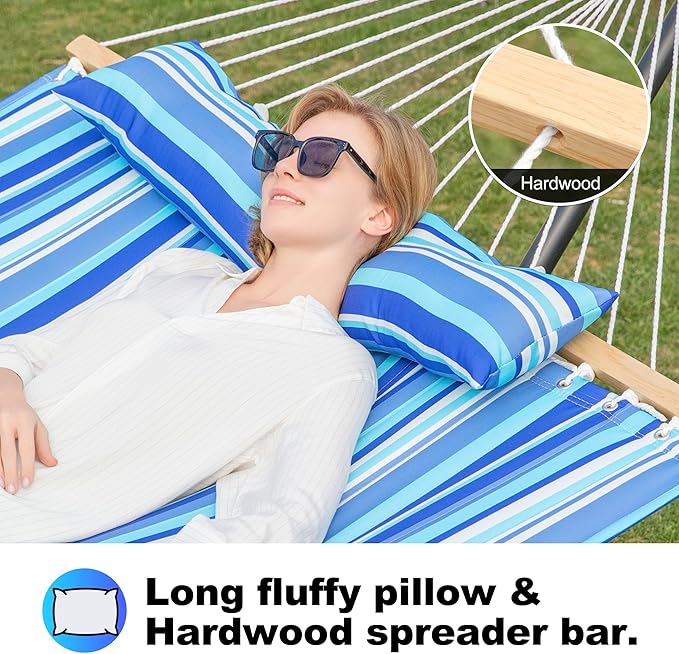 GAFETE Hammock 2 Person Quilted Fabric Hammocks for Outside Double 12ft Hammocks with Spreader Bar Large Removable Pillow Storage Bag Carabiners Max 475 lbs Capacity (Ocean Blue)