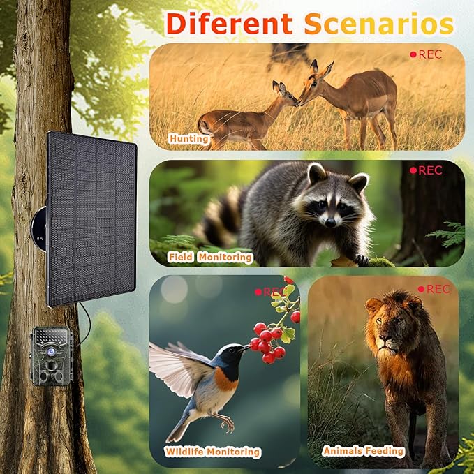 6W Solar Panel for Trail Cameras 6V/9V/12V Solar Battery Charger Kit Built-in 6000mAh Rechargeable Battery Trail Camera Solar Panel IP65 Waterproof Hunting Accessories 5ft Cable