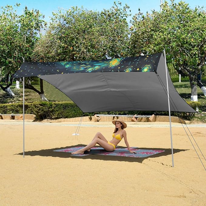 ALAZA Elephant Starry Sky Beach Tent Sun Shelter UPF50+ Protection Beach Shade Canopy w/ 4 Sandbags for Outdoor Camping Fishing Backyard Fun Picnic 10x9 ft