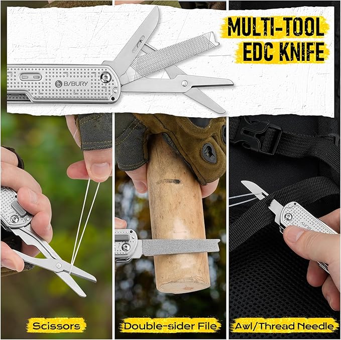 BIBURY Multitool Pocket Knife BI2056 Stainless Steel Multi Tool Knife with Clip Folding Multitool EDC Knife with Magnetic LockingScrewdriverLarge ScissorsGlass Breaker for Survival Camping Hiking