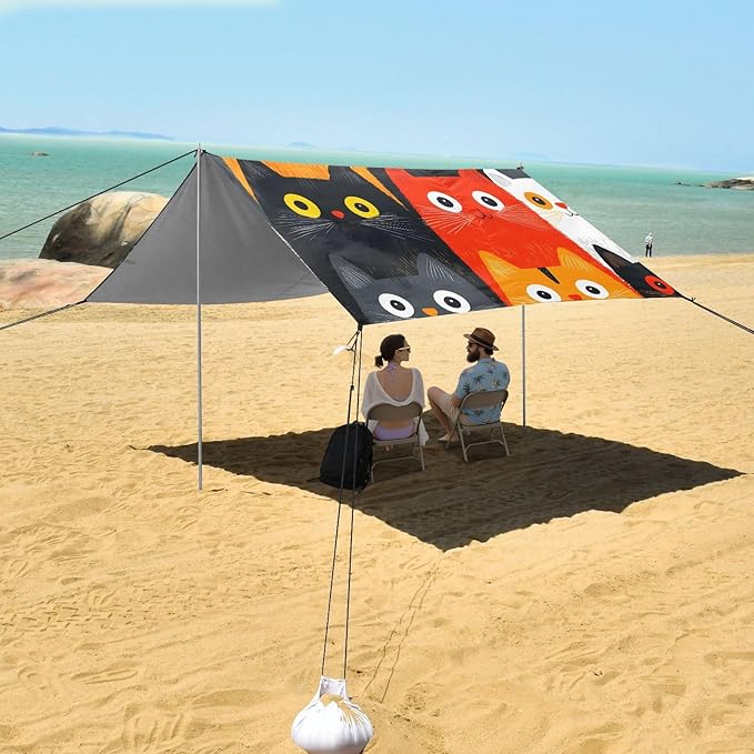 ALAZA Cat White Tile Pattern Beach Tent Sun Shelter Portable Canopy Sunshade for Outdoor Camping Picnics Backyard Fun 10x9 ft