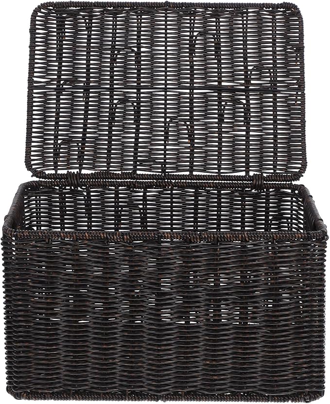 Angoily Lidded Storage Basket 33x22.5x18.5cm Simulated Rattan Woven Closet Organizer Storage Bin for Clothing