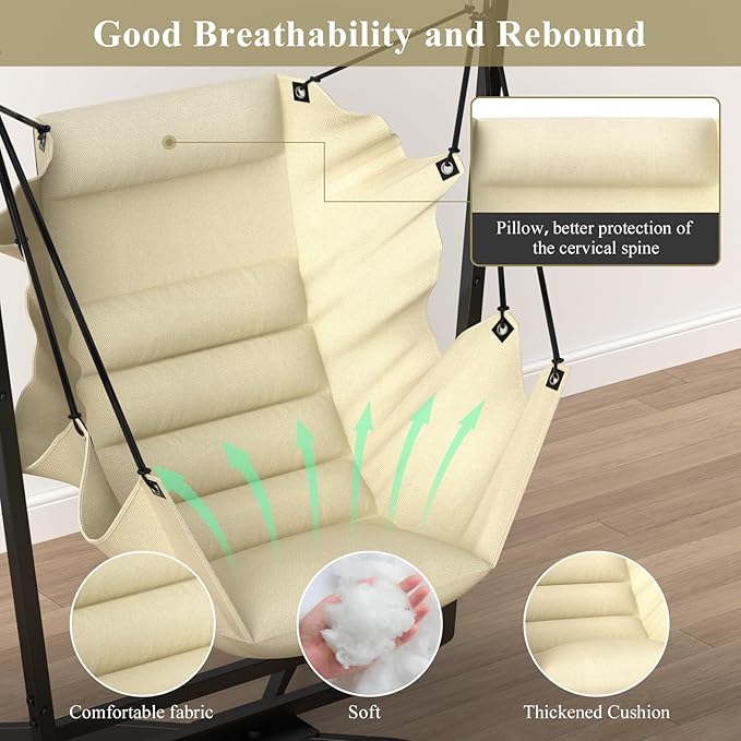 360° Swivel Hammock Swing Chair with Stand - Comfortable Hanging Chair with Cushions (400 lbs Capacity) for Indoor/Outdoor Use - Perfect for Bedroom Patio Porch Deck Garden Balcony