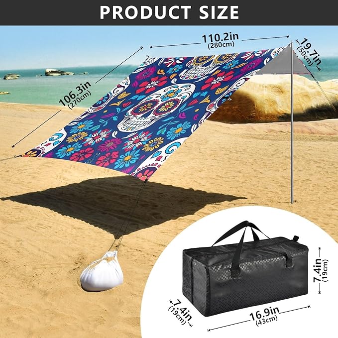 ALAZA Sugar Skull on Blue Beach Tent Sun Shelter Portable Canopy Sunshade for Outdoor Camping Picnics Backyard Fun 10x9 ft