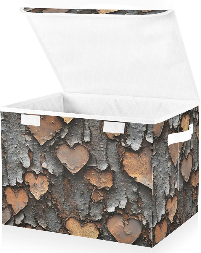 Storage Cube with Lid Hearts Rustic Valentine Print 16.5×12.6×11.8 IN Collapsible Large Capacity Foldable Storage Basket Bin Organizer