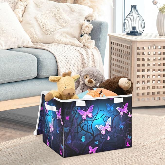 YETTASBIN Purple Blue Butterfly Storage Basket with Lid and Handles Large Collapsible Fabric Storage Bins Durable Storage Organizer for Shelves Closet Bedroom School Office Home Decor