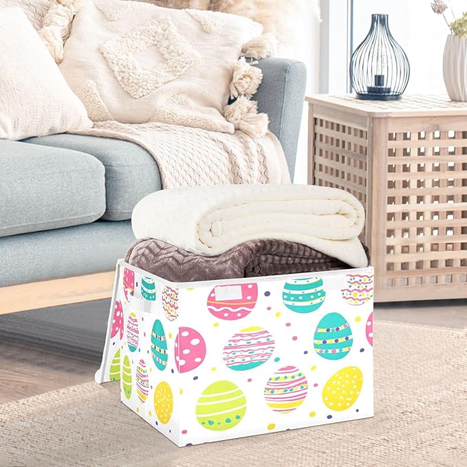 Storage Baskets with Lids Colorful Easter Eggs Collapsible Bins Stackable Fabric Linen Baskets Closet Organizer Container 16.5x12.6x11.8