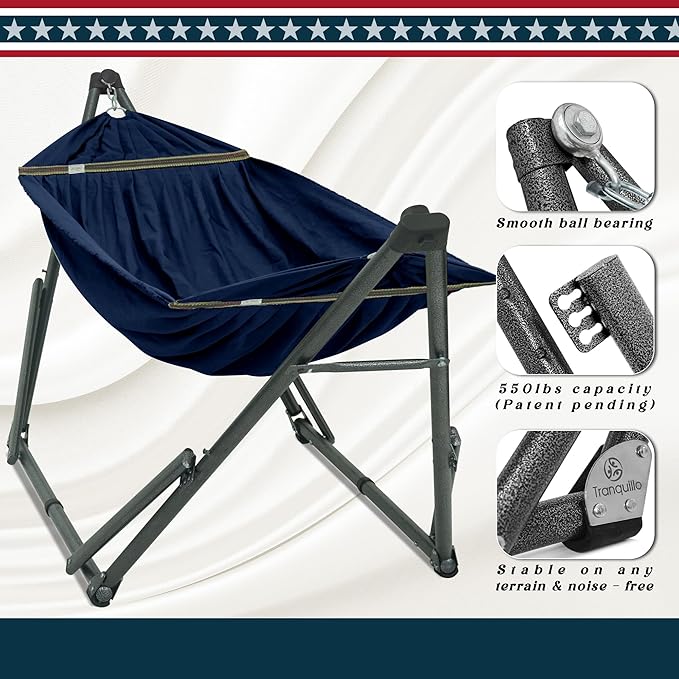 Tranquillo Uniki Hammock with Stand 550 lbs Capacity – 30-Second Setup Sturdy Steel Stand 3-Year Warranty Tool-Free Assembly Premium Carry Bag Included Outdoor &amp Indoor Hammock Navy