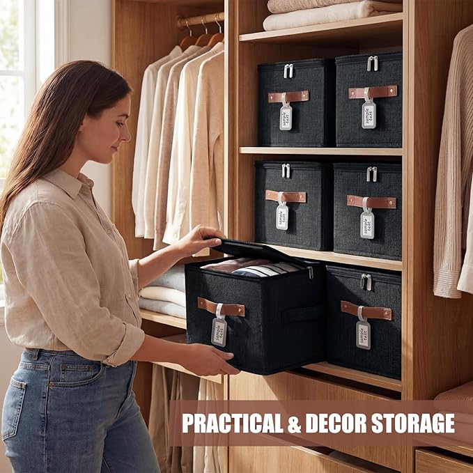 6 Pack Fabric Closet Storage Bins with Zipper Lids and Label 10×8×7In Large Size Foldable Cotton Linen Storage Cubes Boxes with PU Leather Handles Holders for Bedroom Shelf Nursery Black
