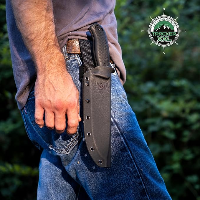 Off-Grid Knives - TRACKER-XXL Fixed Blade Knife Cryo D2 Blade Steel G10 Scales Kydex Sheath OG Lo-Pro Belt Attachment Chopping Camping Bushcraft Hunting Survival (Stonewash)