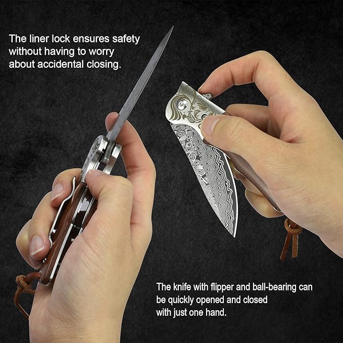 AUBEY Damascus Pocket Knife with Clip Folding Knives with VG10 Damascus Steel Blade Wooden Handle Foldable EDC Knifes for Outdoor Survival Collection Gift