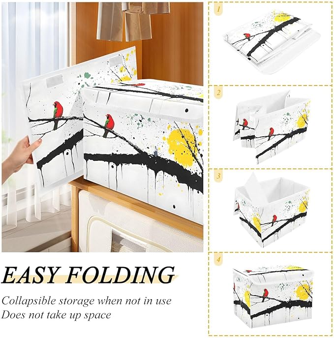 Art Drawing Bird Storage Cube Bins Basket with Lid Collapsible Flip-top Fabric with Handle for Home Bedroom Closet Office 16.5×12.6×11.8 in