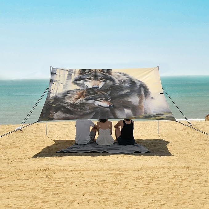 ALAZA Two Wolf Huge Beach Tent Sun Shelter Portable Canopy Sunshade for Outdoor Camping Picnics Backyard Fun 10x9 ft