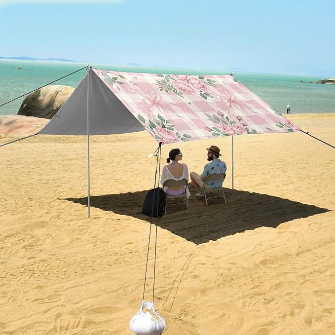 xigua Rose Beach Tent Sun Shelter with Carrying Bag - Silver Coated Oxford Fabric Beach Canopy for Beach Camping Fishing - Includes Windproof Ropes Sandbags &amp Stakes