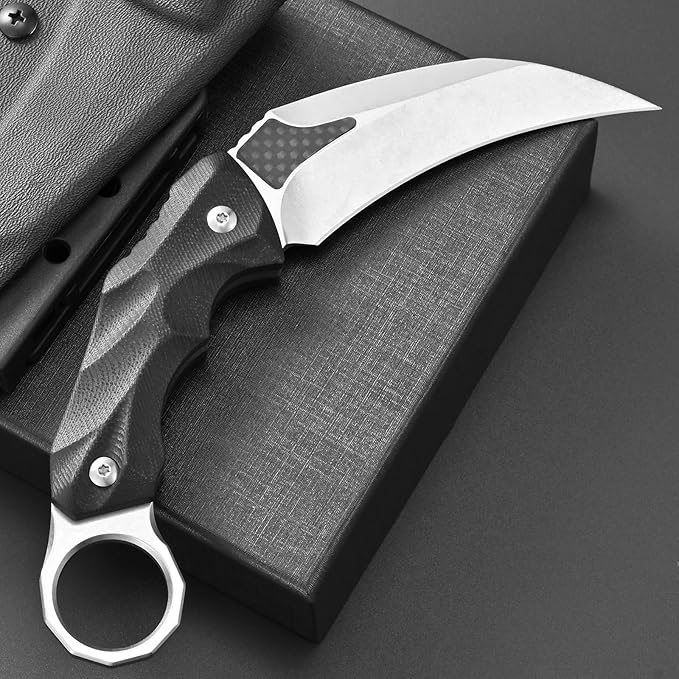 Ccanku C1692 Carbon Fiber Fixed Blade KnifeD2 Steel G10 Handle 4 Inches Camping EDC Tools Survival Claw Teeth Knife with Kydex Sheaths(Silver) … …